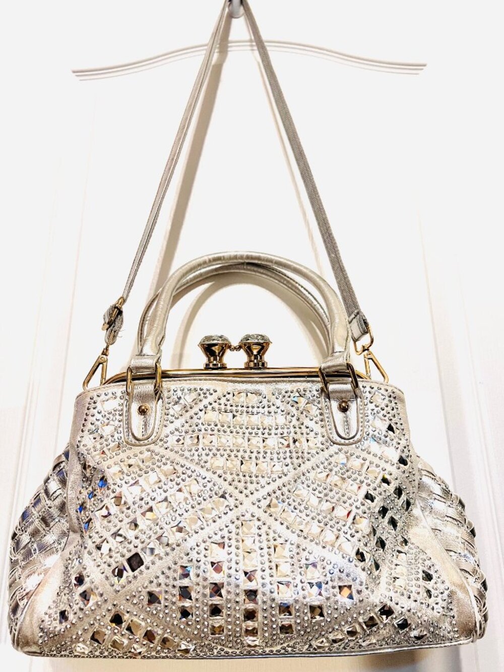 Bottari Double Diamond Ring Silver Purse Disco Style Bling Silver/Gold Med Purse